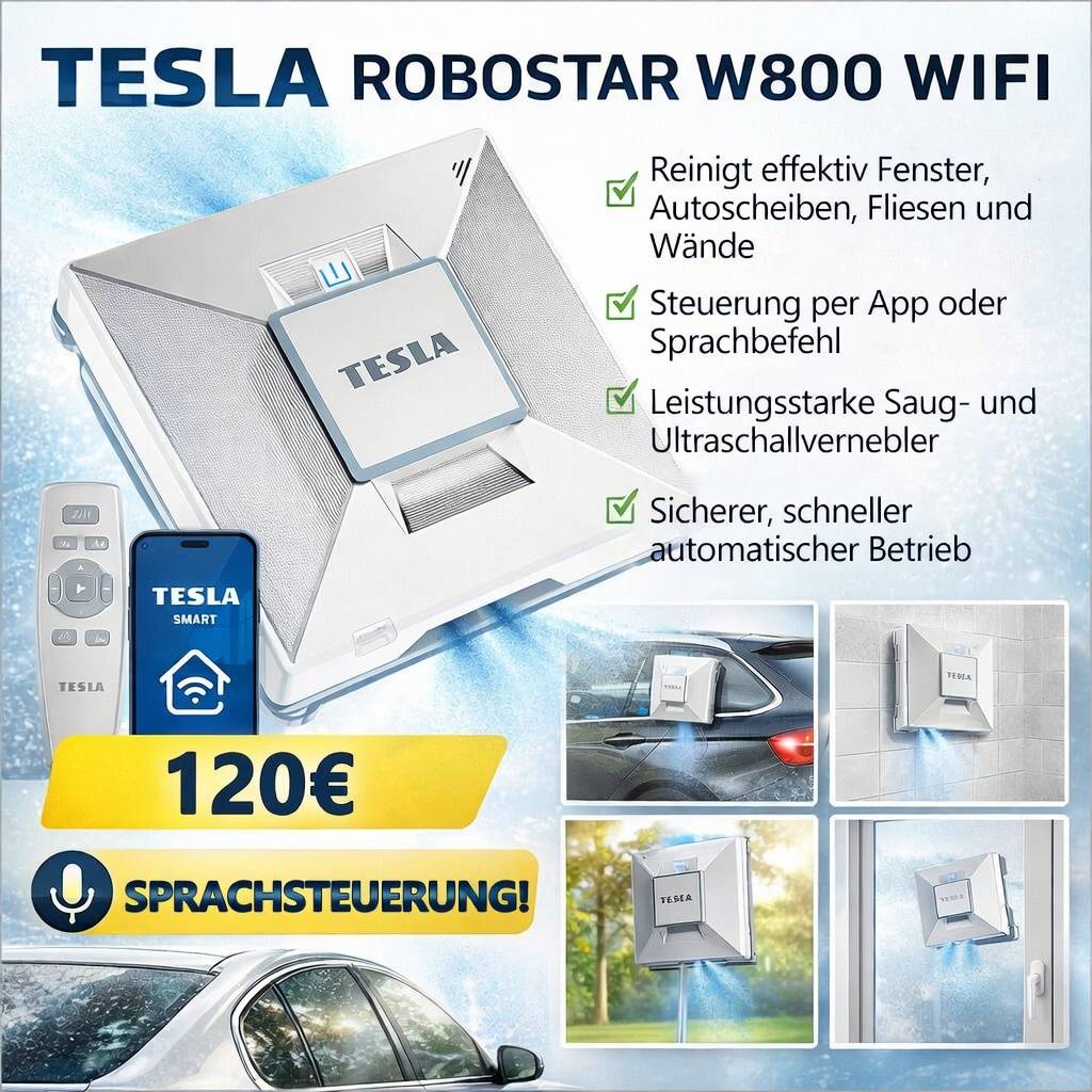 Tesla RoboStar intelligenter Fensterreiniger (zur Reinigung von Autoscheiben, Böden, Fliesen und anderen Fenstertypen), mit Wassersprühfunktion, Leistung 72W/230V/650mAh, unterstützt Wi-Fi und ist fernsteuerbar.