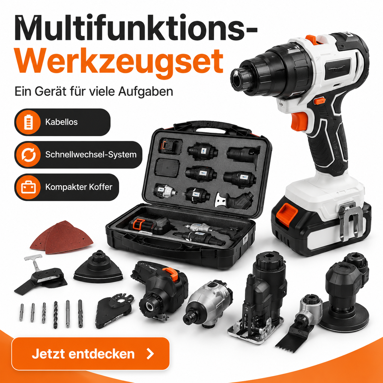 Kabelloses Elektrowerkzeug-Set, 10-in-1 multifunktionales Werkzeugset für Holzarbeiten, bürstenloses Elektrowerkzeug-Set für DIY-Projekte, kabelloses Werkzeugset mit 2 x 4,0-Ah-Akku und Werkzeugkoffer